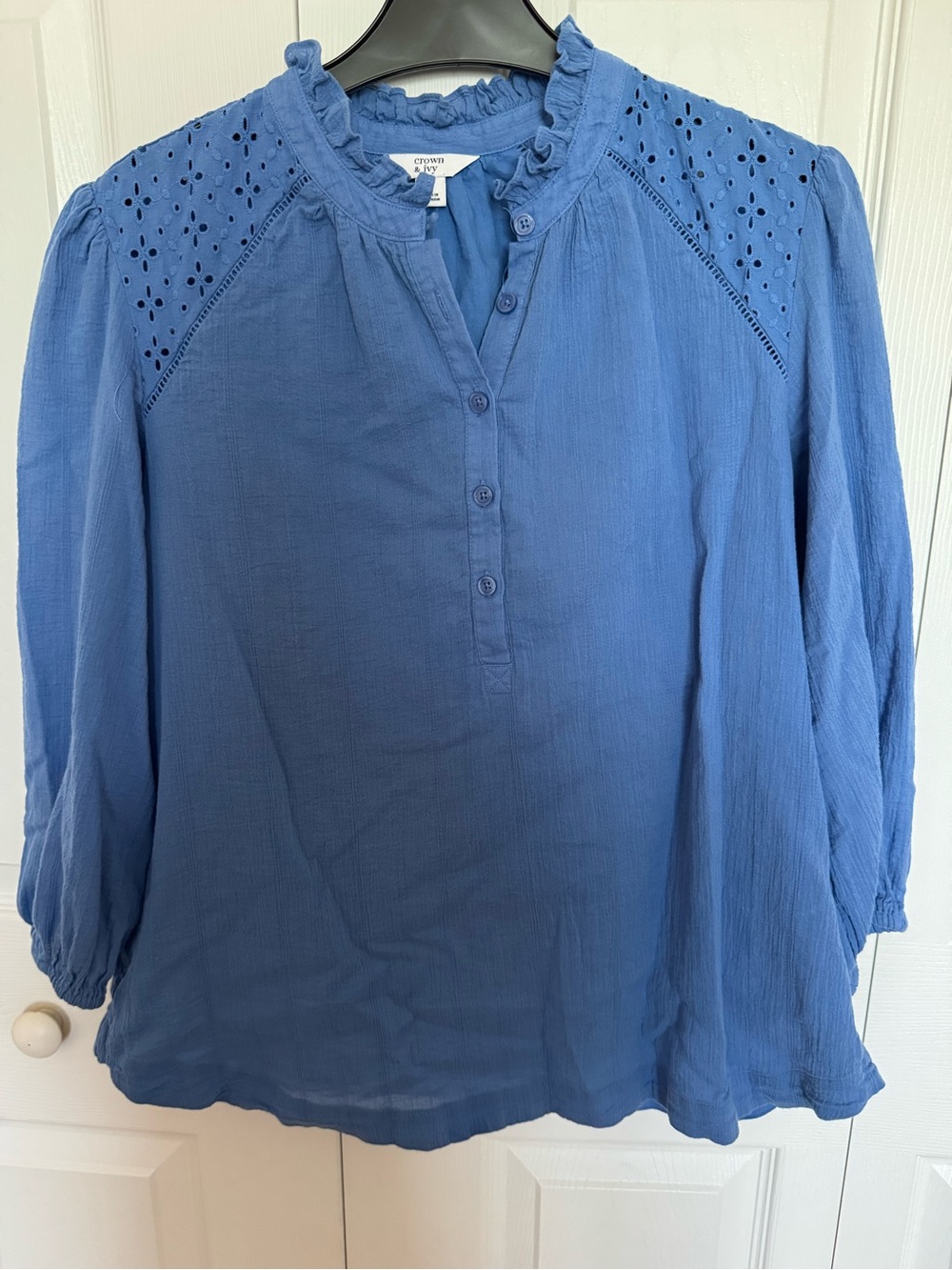 crown & ivy Periwinkle Blue Eyelet Ruffle Henley Blouse